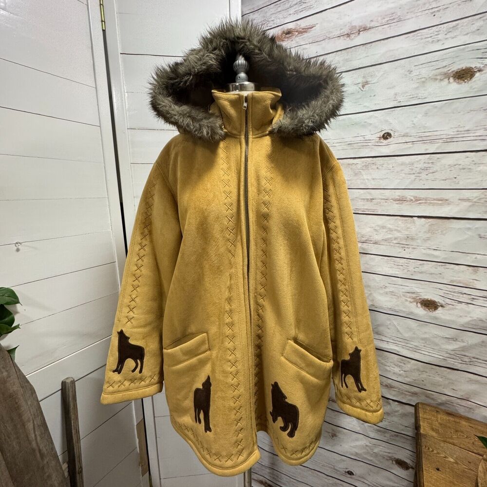 Coldwater Creek Wolf Coat Jacket Tan Faux Suede Lined Full Zip Fur Hooded Medium - Picture 7 of 14